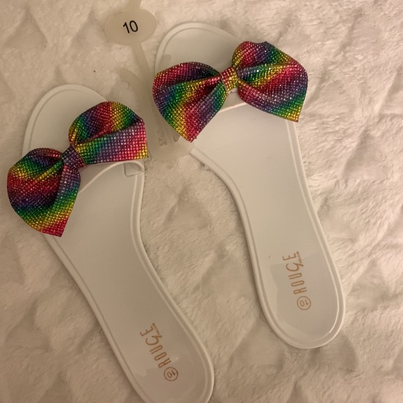 💜NWT Cute White Jelly Slides with Multi-Colored Rhinestone Bow💜Size 10💜 - Picture 5 of 6